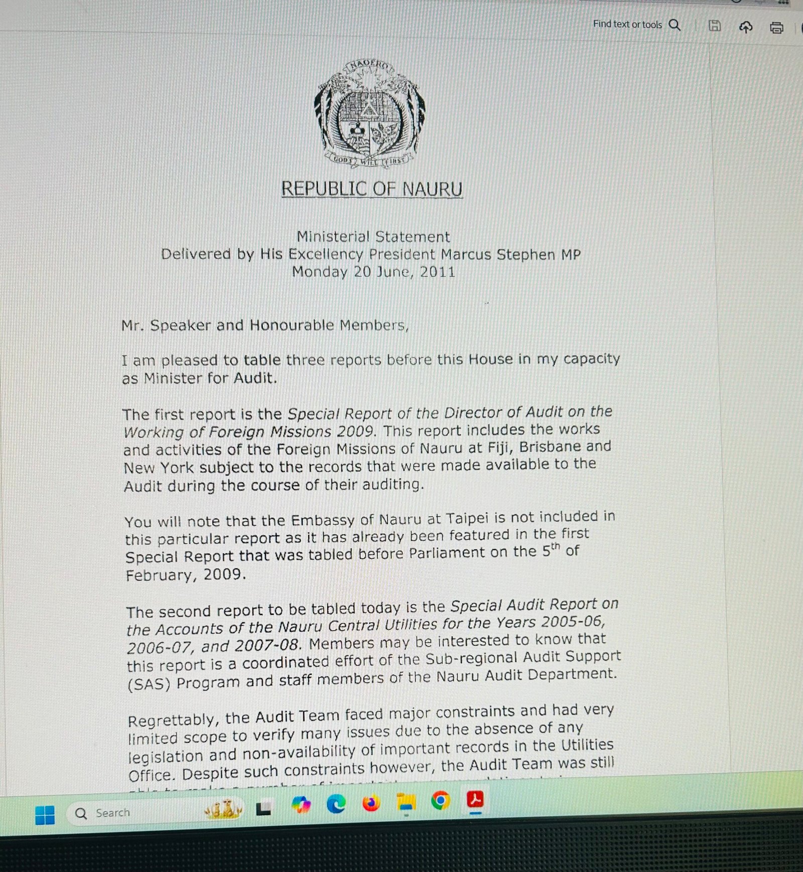 Republic of Nauru Ministerial Statement